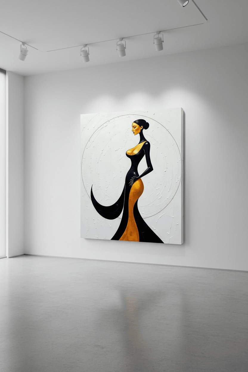 Canvas wall art with a stylized Art Deco woman silhouette in black and golden tones