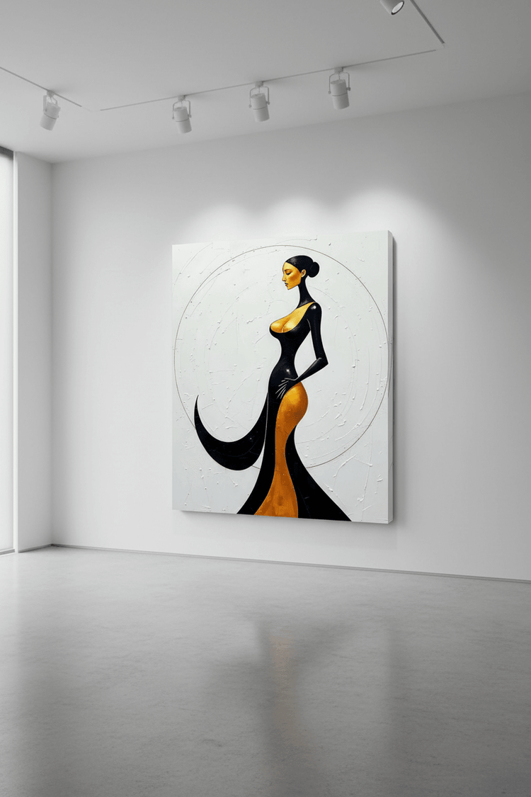 Canvas wall art with a stylized Art Deco woman silhouette in black and golden tones