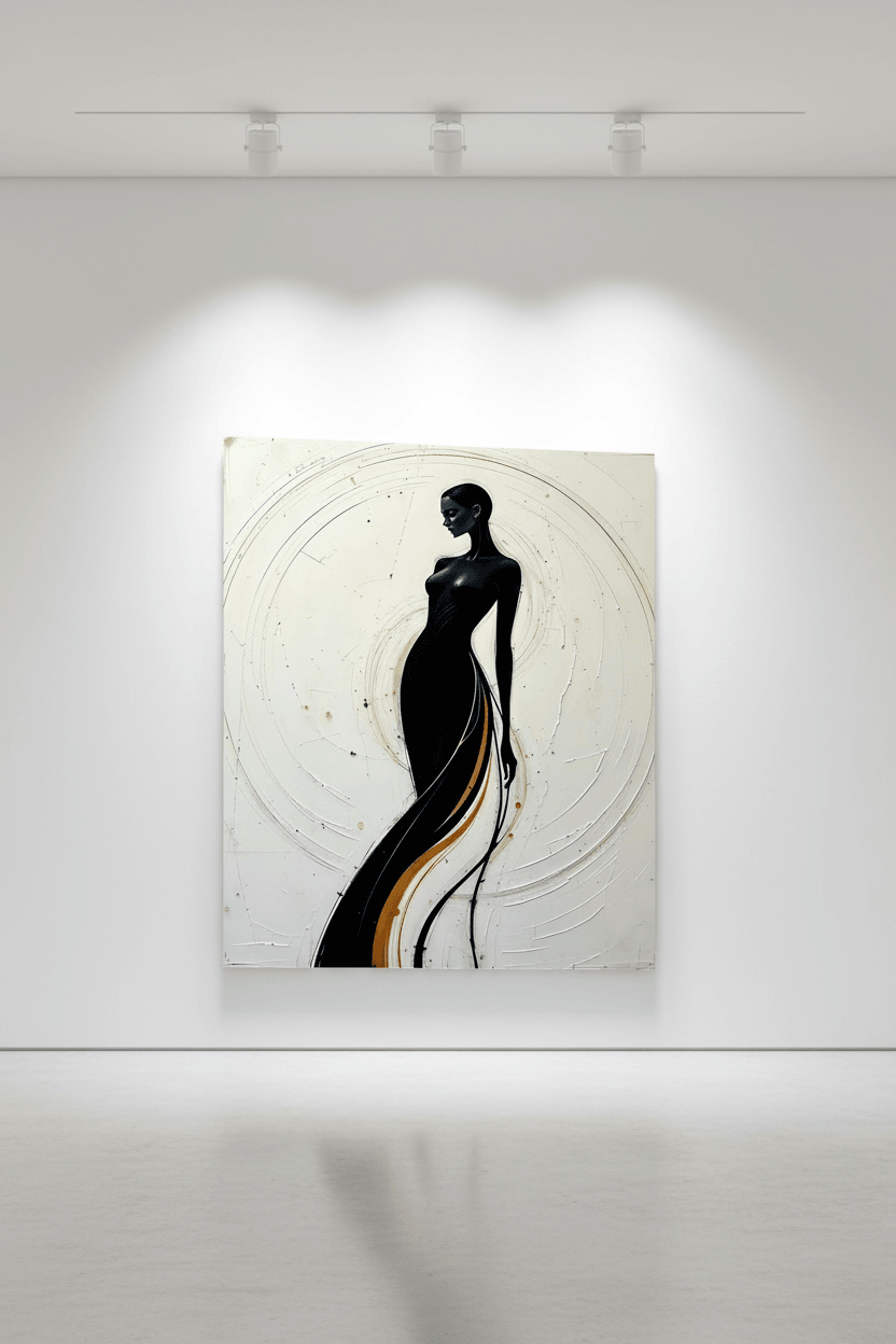 Framed wall art print of a stylized woman silhouette with gold and white abstract lines