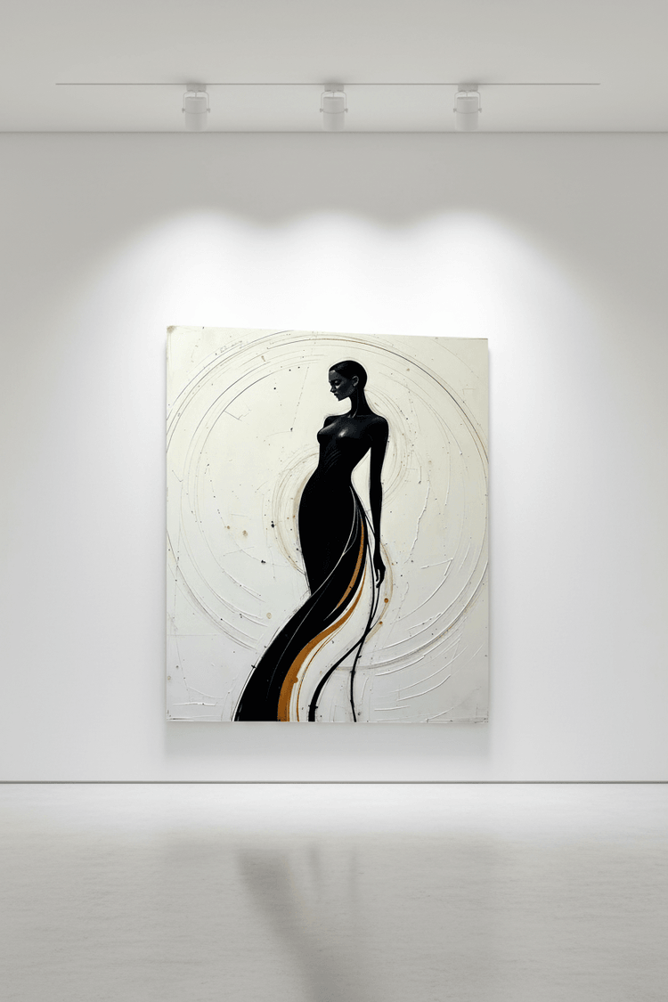 Framed wall art print of a stylized woman silhouette with gold and white abstract lines