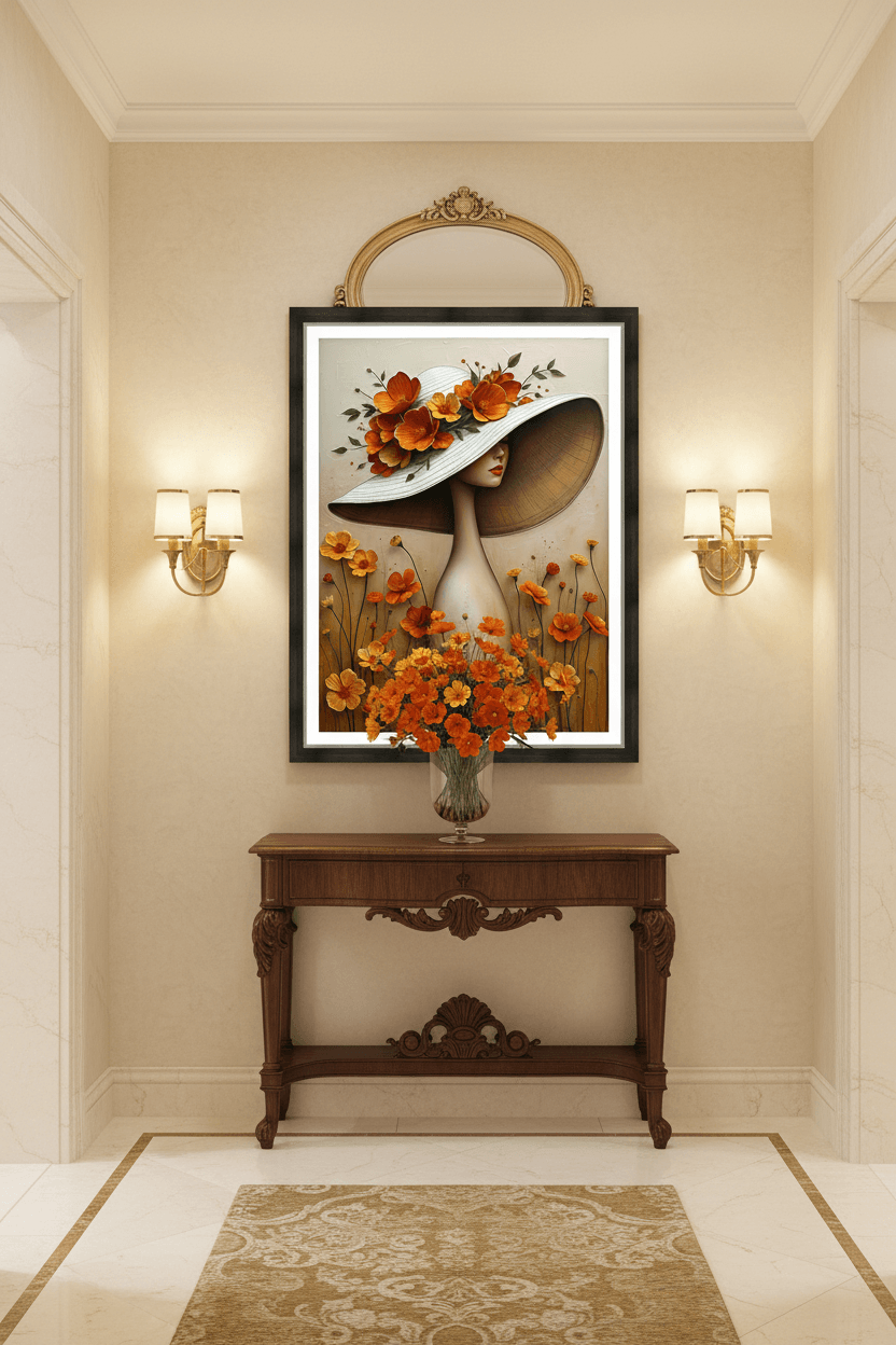 Framed floral portrait wall art with orange flowers around a woman in a wide hat