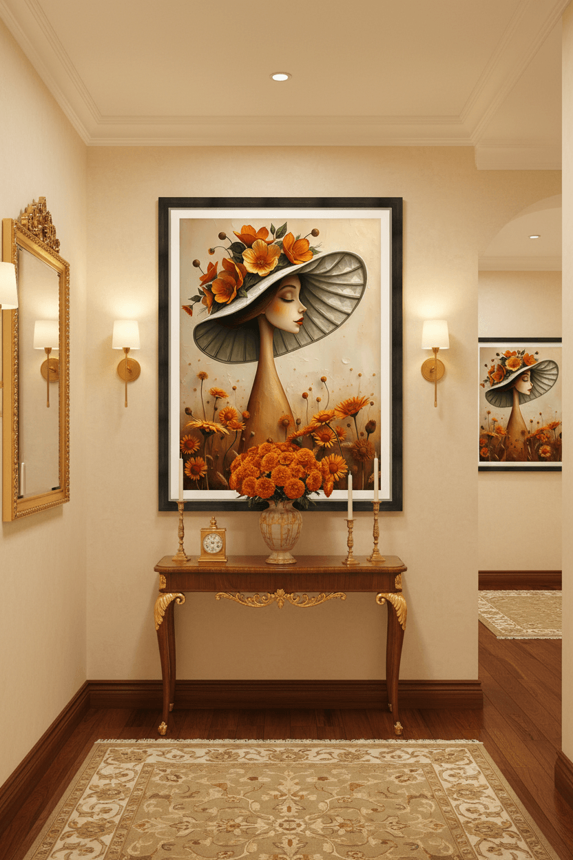 Framed floral portrait print with woman in wide hat and orange flowers