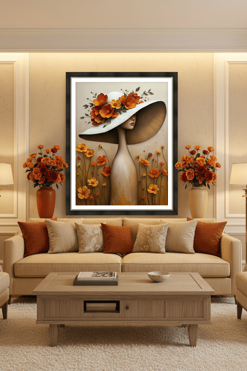 Framed floral portrait wall art with orange and yellow blooms and a white hat