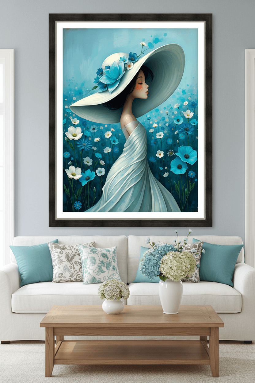 Framed floral portrait artwork: woman in a light blue gown and wide hat among blue blooms