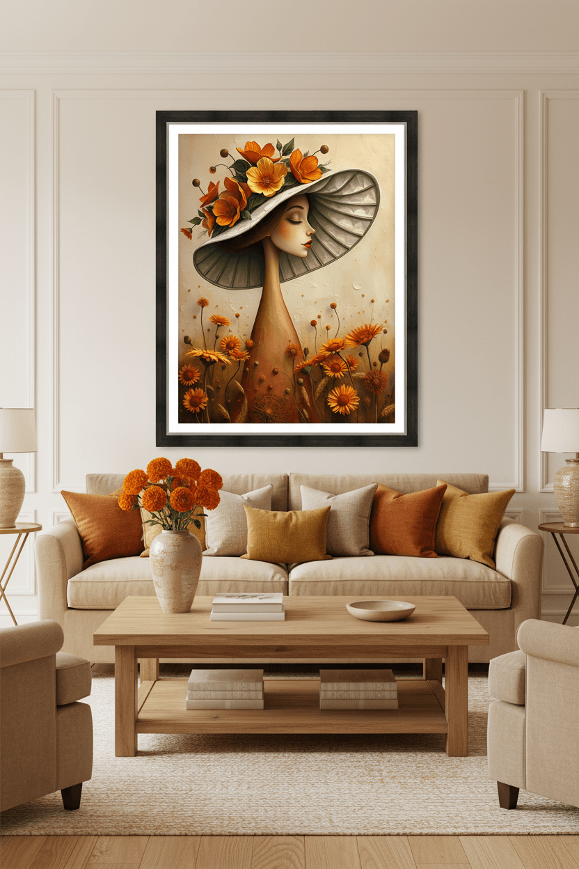 Framed floral portrait wall art of a hat-wearing woman with orange flowers