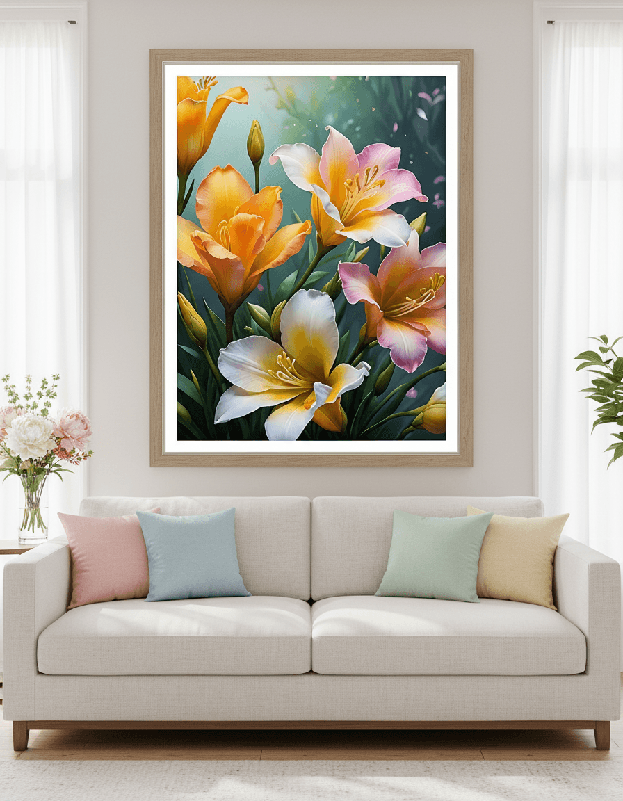 Framed floral print with orange, pink, and white tulips and lilies