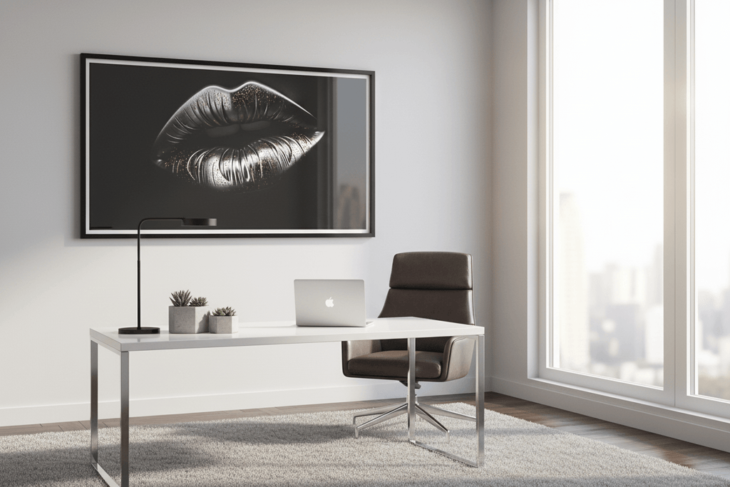 Framed lips wall art featuring metallic silver lips with gold dust on black