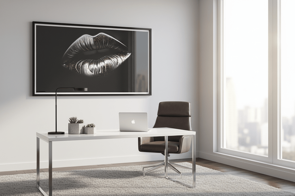 Framed lips wall art featuring metallic silver lips with gold dust on black