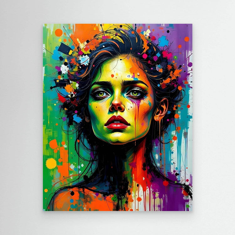 Abstract portrait wall art with colorful face and paint splatters, no visible frame