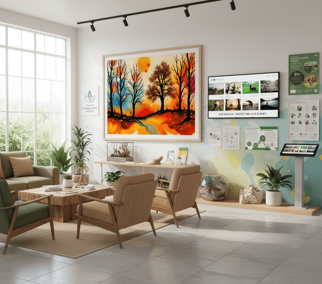 Framed abstract autumn landscape wall art with silhouetted trees and bright orange-yellow sky