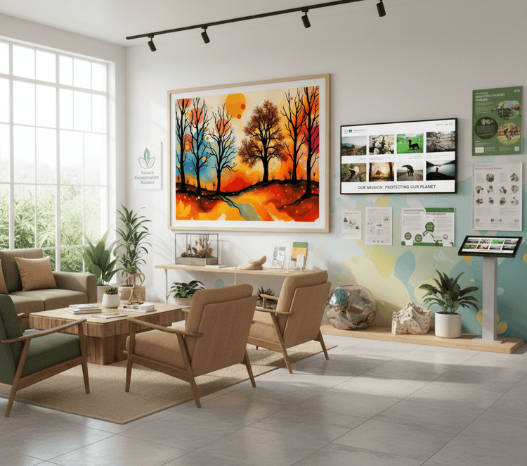 Framed abstract autumn landscape wall art with silhouetted trees and bright orange-yellow sky