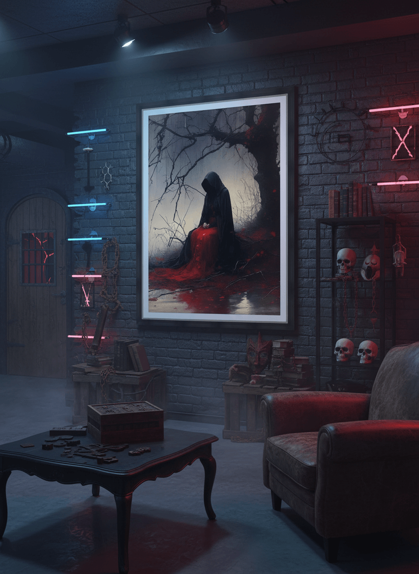 Framed print of hooded figure with red cloak, glowing light behind bare branches