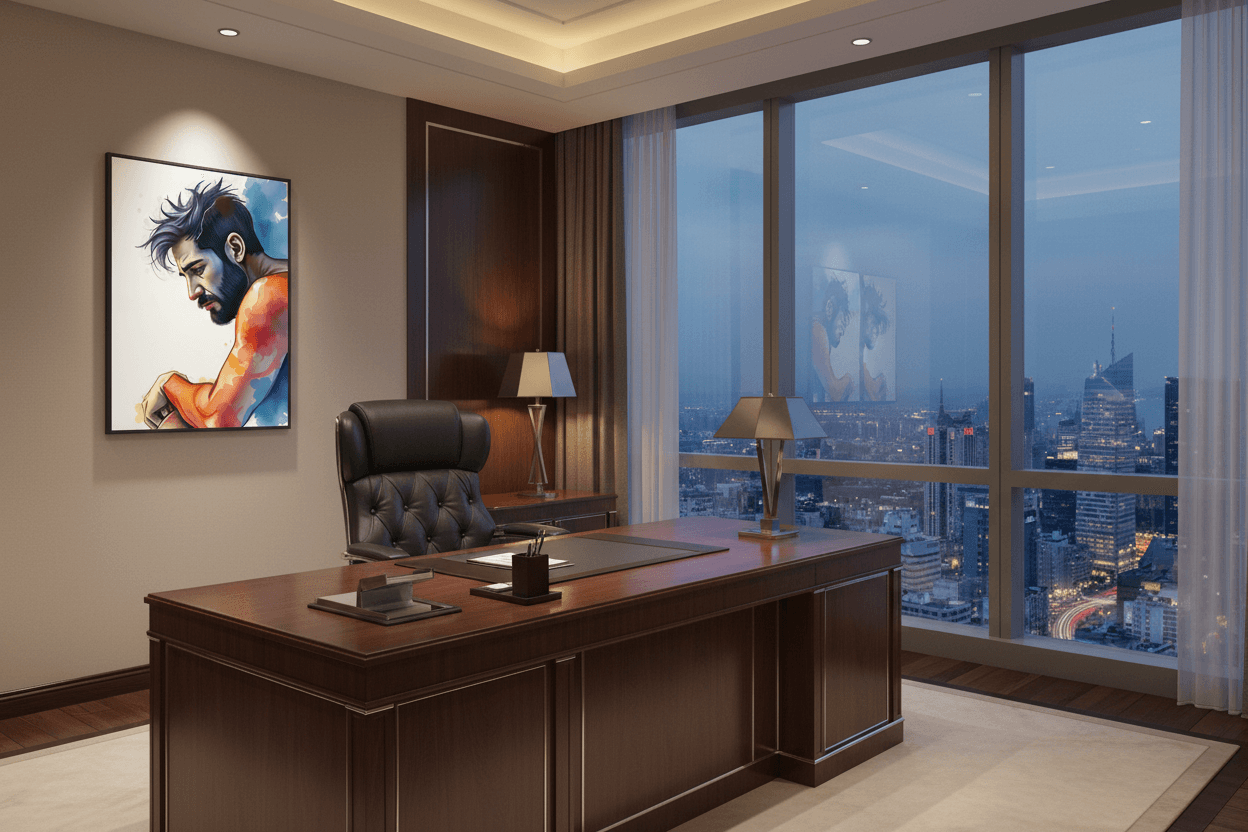 Framed portrait wall art featuring a contemplative man in blue and orange abstract paint.