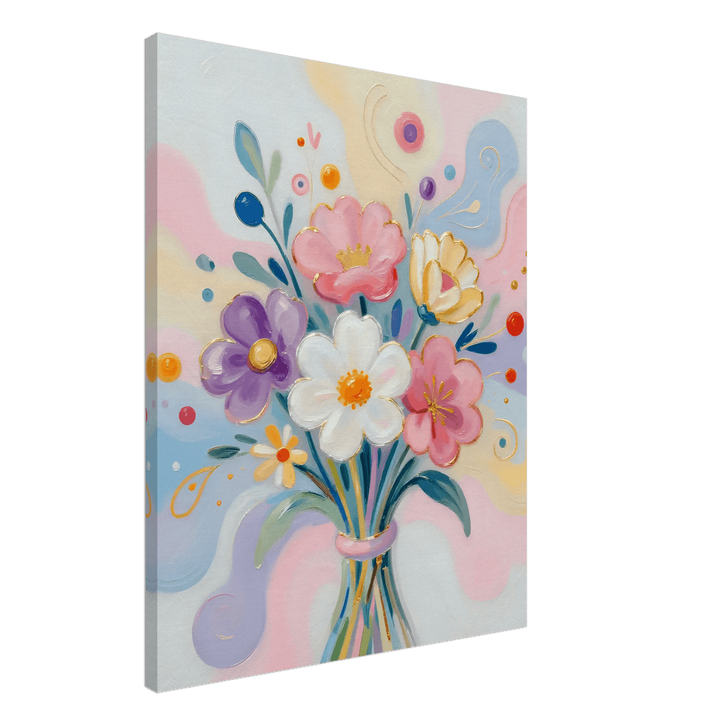Pastel floral bouquet canvas print with colorful flowers in a vase, close view