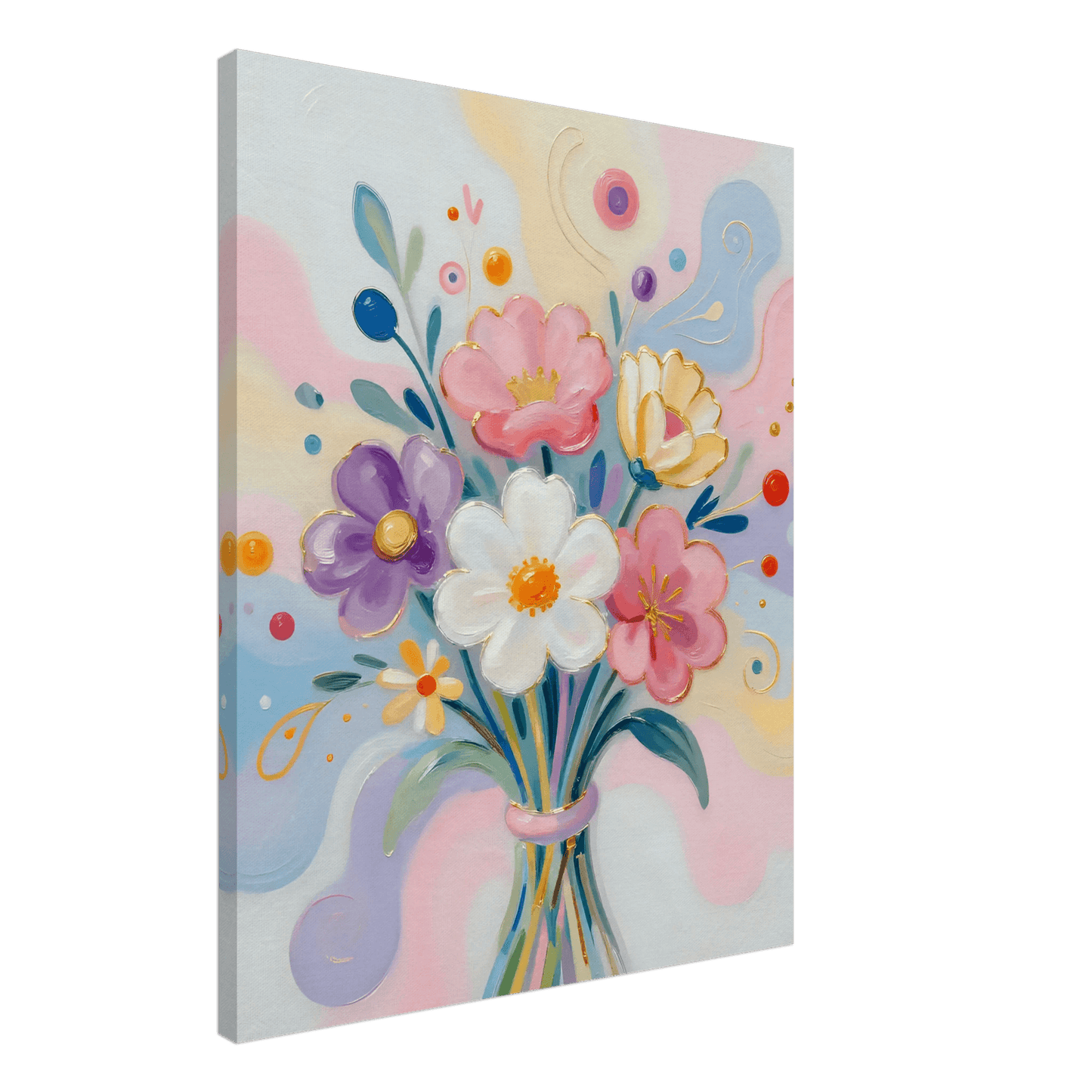 Pastel floral bouquet canvas print with colorful flowers in a vase, close view