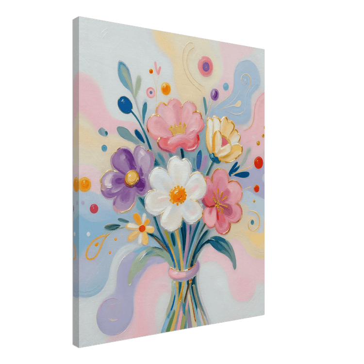 Pastel floral bouquet canvas print with colorful flowers in a vase, close view