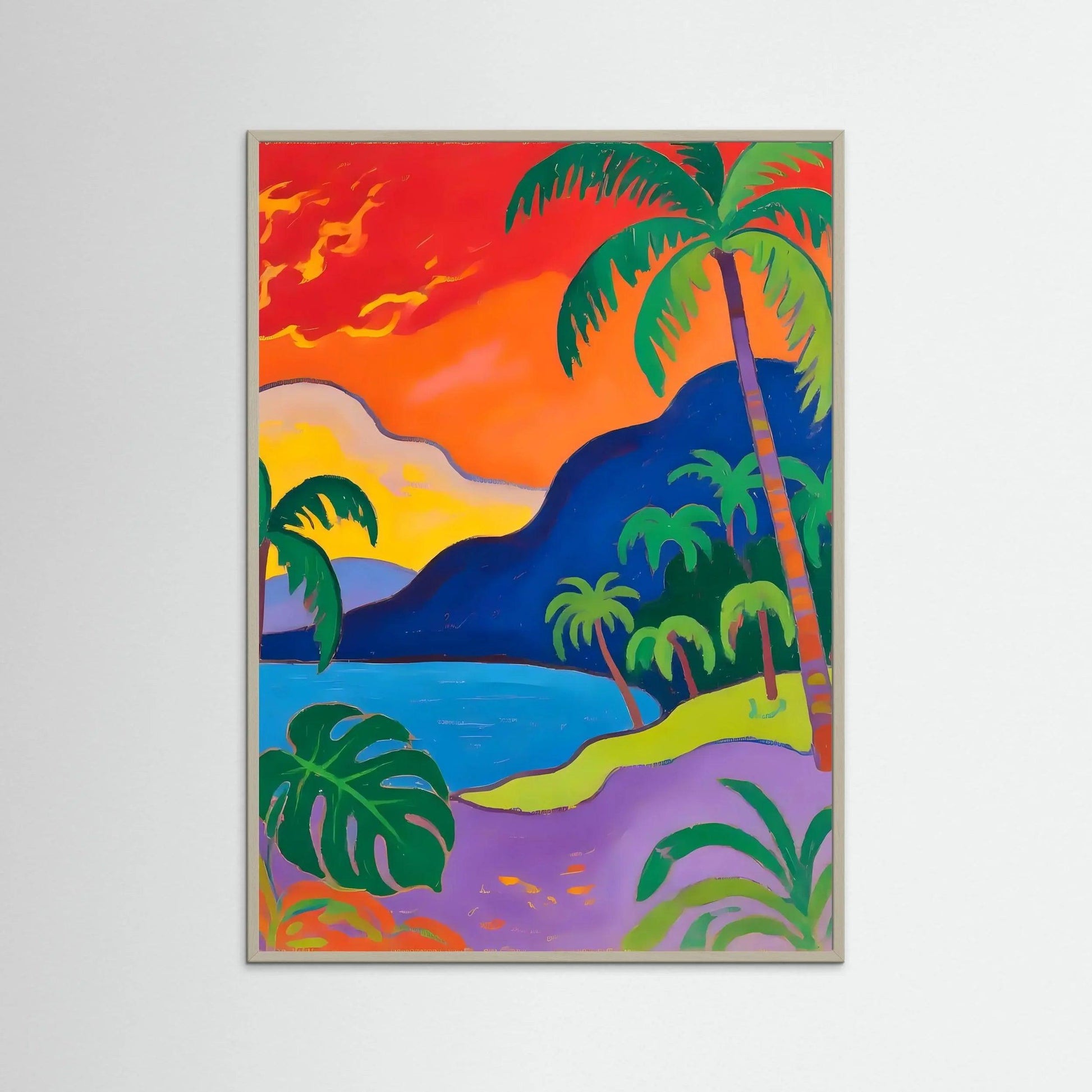 Tropical beach wall art print with palms and sunset, in beige frame