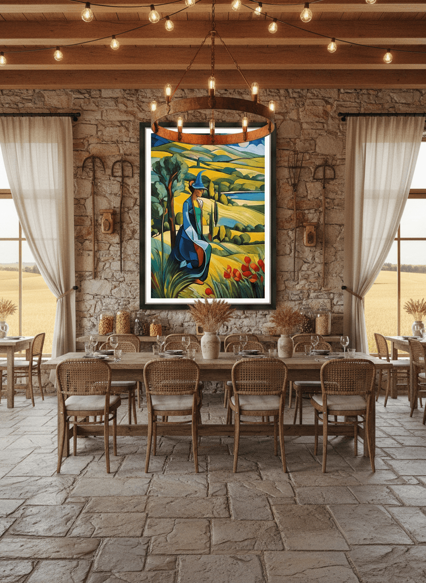 Framed vertical vibrant art print with a blue-clad figure and winding yellow landscape