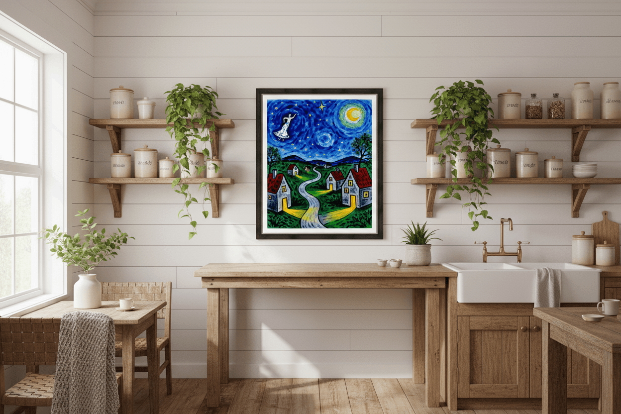 Framed wall art of a night sky village with stars, cat figure, moon, and winding path