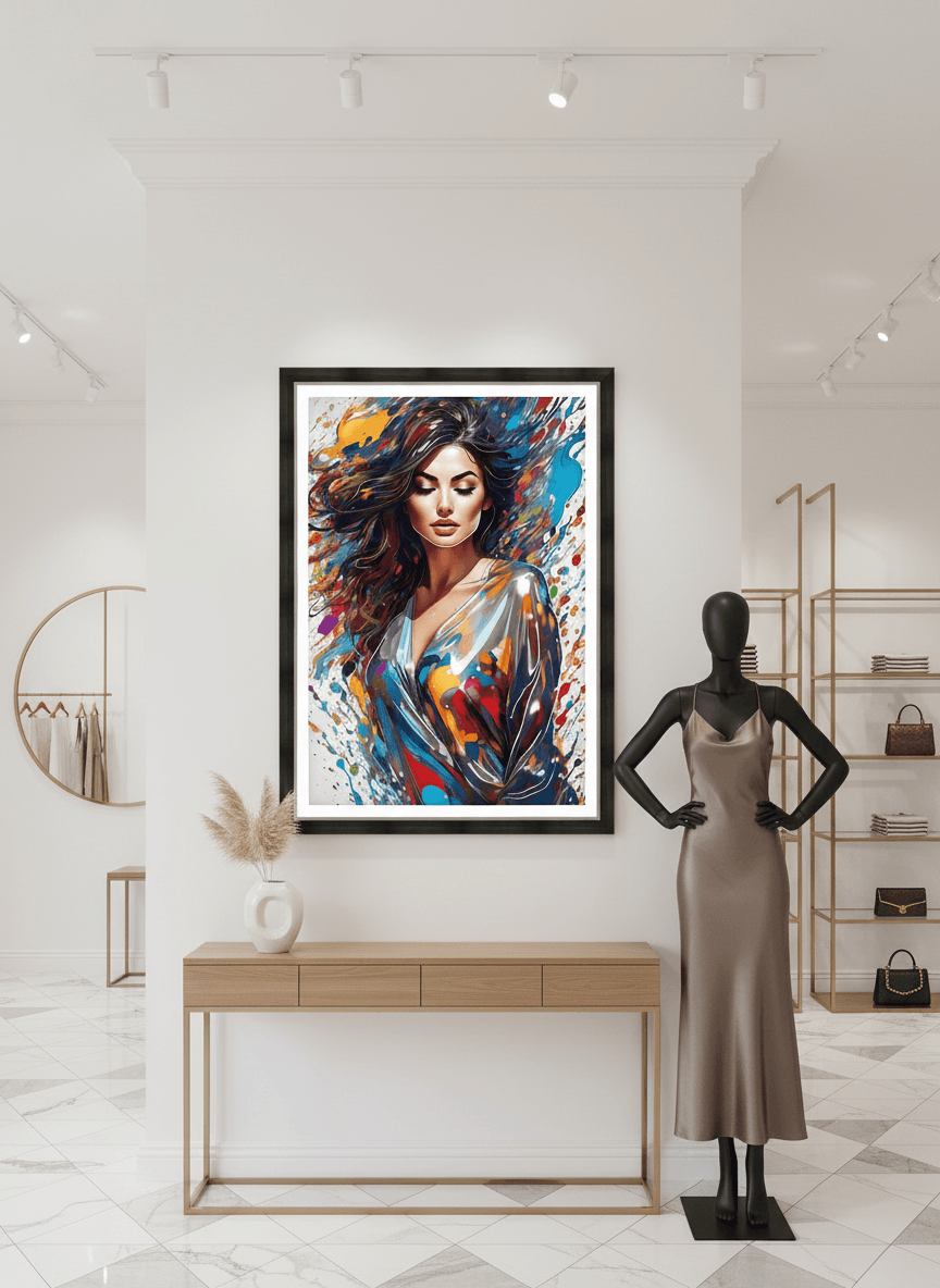 Framed wall art portrait of a woman with dark flowing hair, blue and red abstract paint splashes