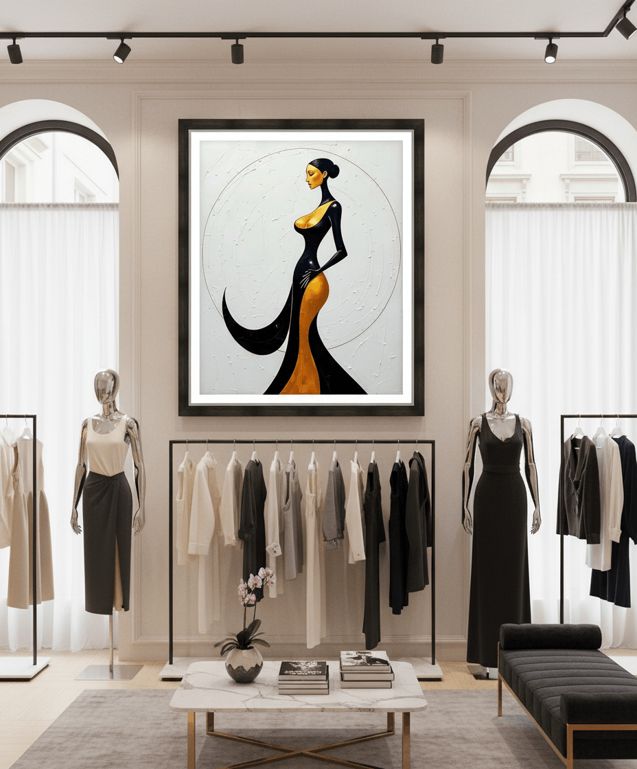 Framed fashion wall art showing a stylized Art Deco woman in black and golden tones