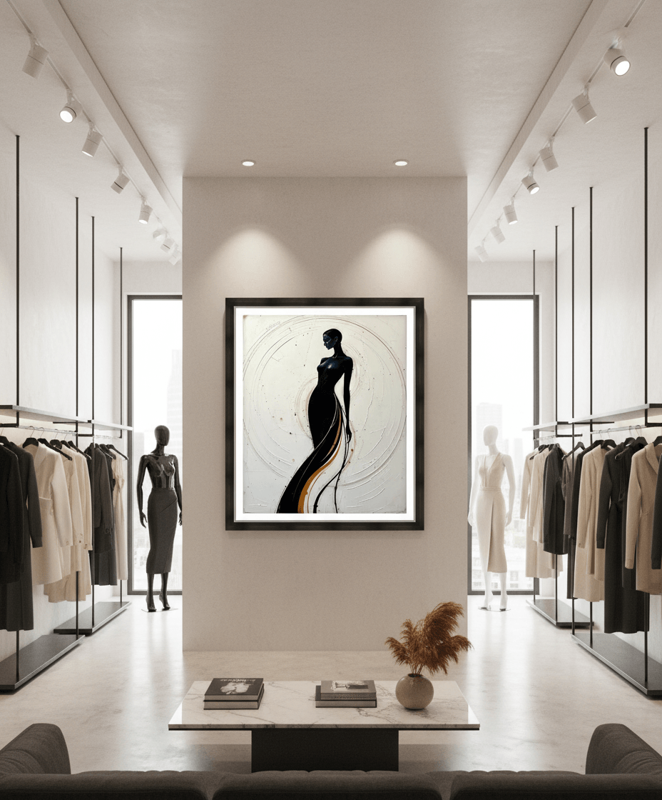 Framed wall art print of a stylized woman silhouette with gold accent and sketchy circular lines