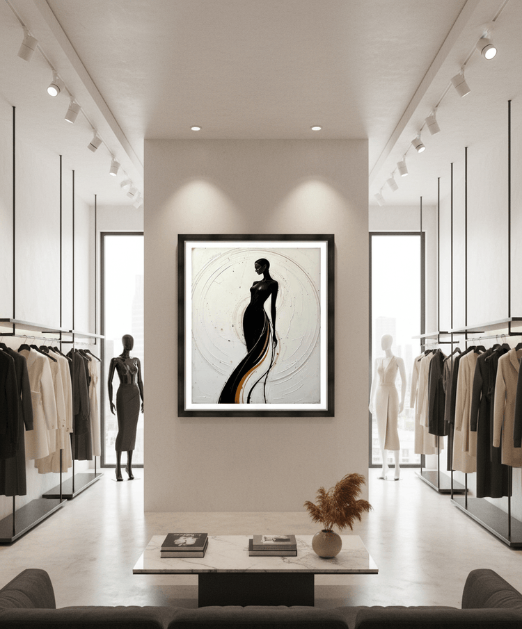 Framed wall art print of a stylized woman silhouette with gold accent and sketchy circular lines