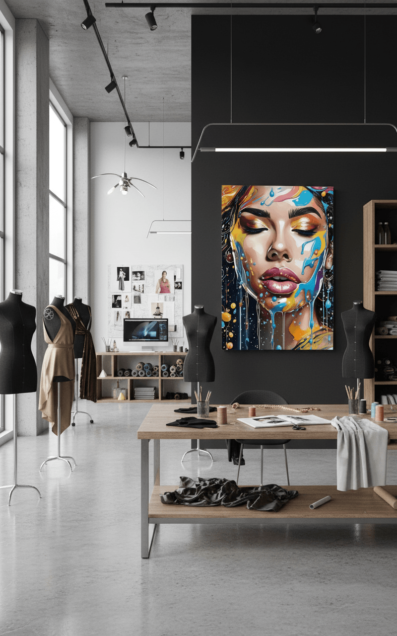 Abstract face portrait wall art print on a dark wall, colorful paint drips