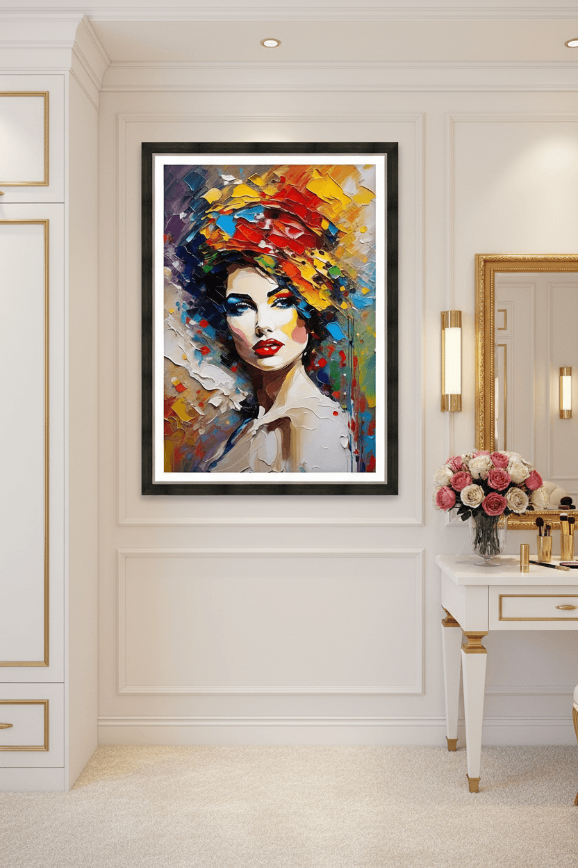 Framed abstract portrait artwork of a woman with colorful paint texture and red lips