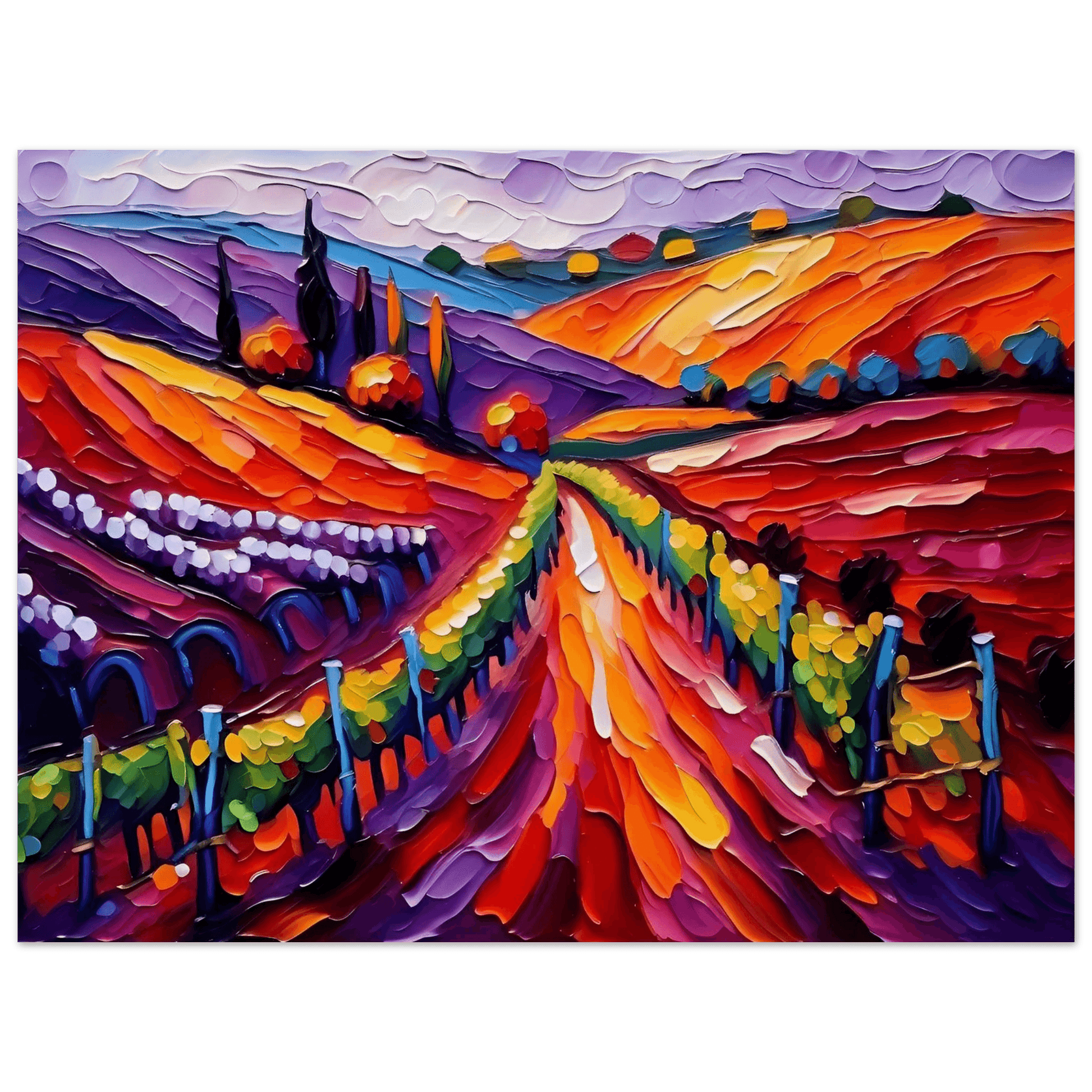Framed textured vineyard landscape painting with orange sky highlights, red slopes, and dense grapevines