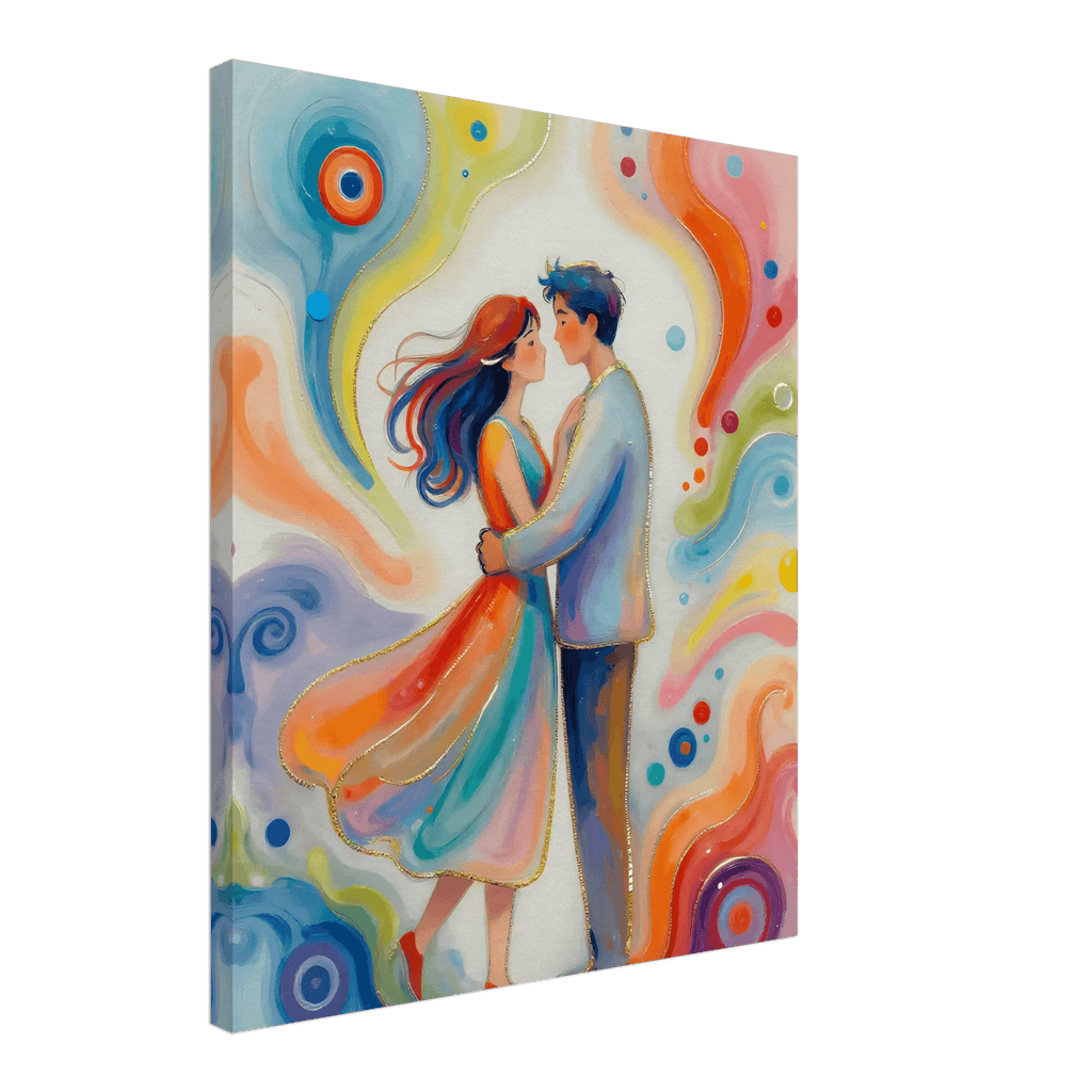 Canvas print angled view showing couple with colorful swirls and circular blue motifs