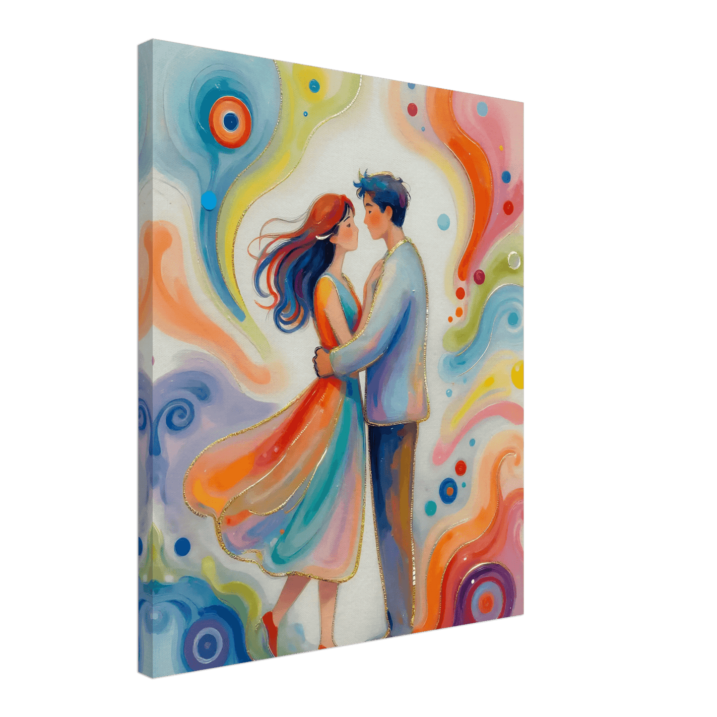 Canvas print angled view showing couple with colorful swirls and circular blue motifs