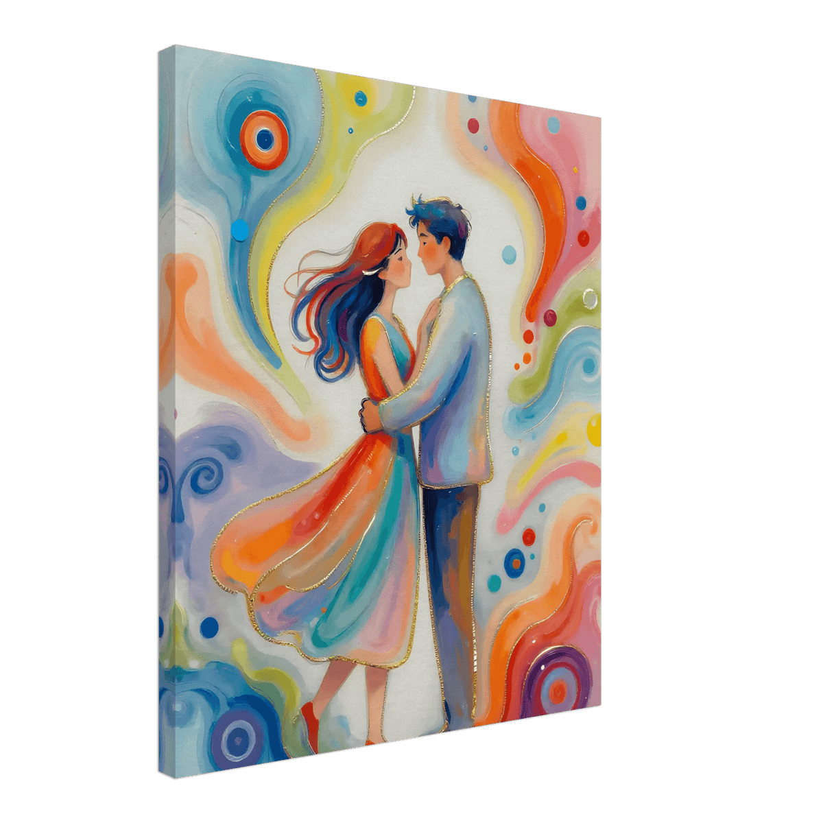 Canvas print angled view showing couple with colorful swirls and circular blue motifs