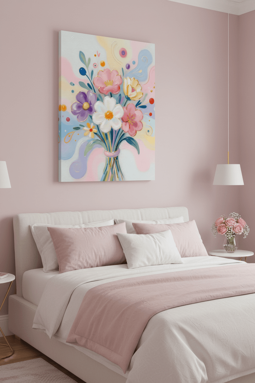 Pastel floral bouquet canvas print with pink and purple blossoms in a vase