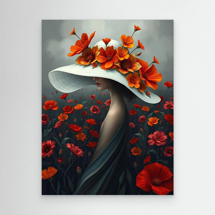 Floral canvas art with a woman in a white hat and orange-red poppies