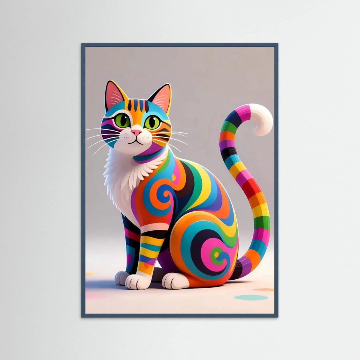 Framed cat wall art with rainbow swirl stripes and striped tail, blue frame