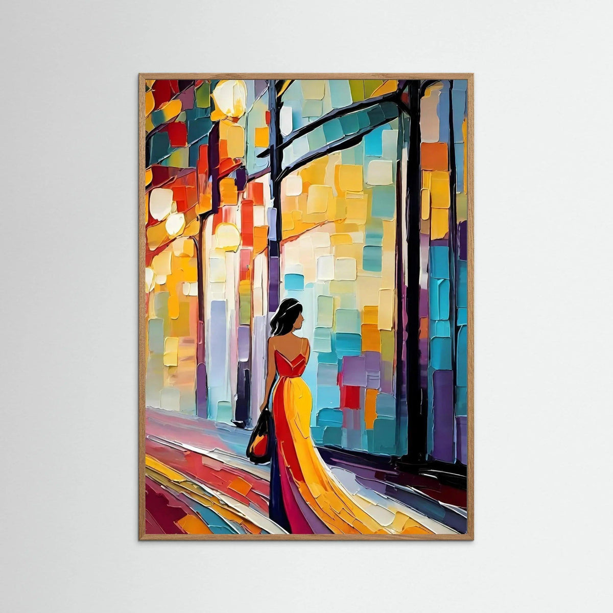 Framed fine art print with a colorful city street scene and a woman in a red dress