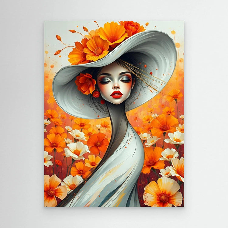 Unframed floral portrait of a woman in a light blue dress with an orange flower headpiece