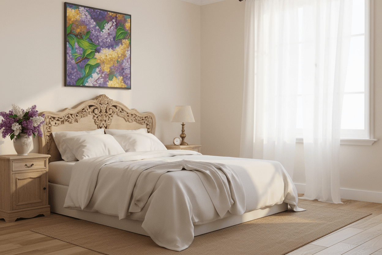 Framed floral wall art with purple lilac flowers, yellow blooms, and green foliage