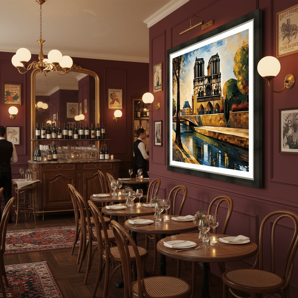 Framed Gothic cathedral mosaic print on burgundy wall, featuring river and towers