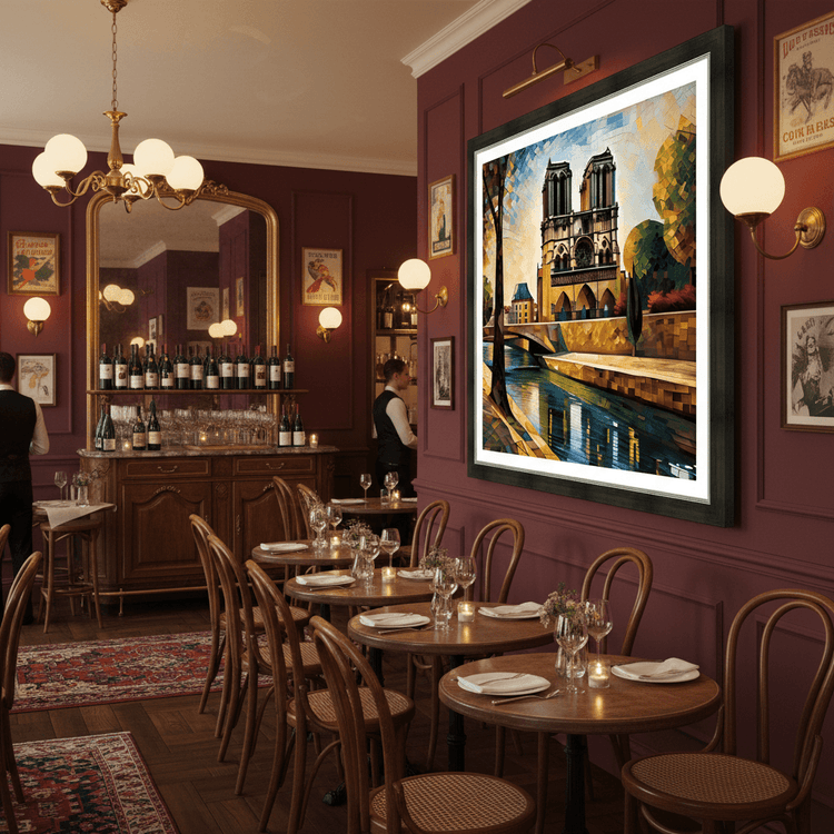 Framed Gothic cathedral mosaic print on burgundy wall, featuring river and towers