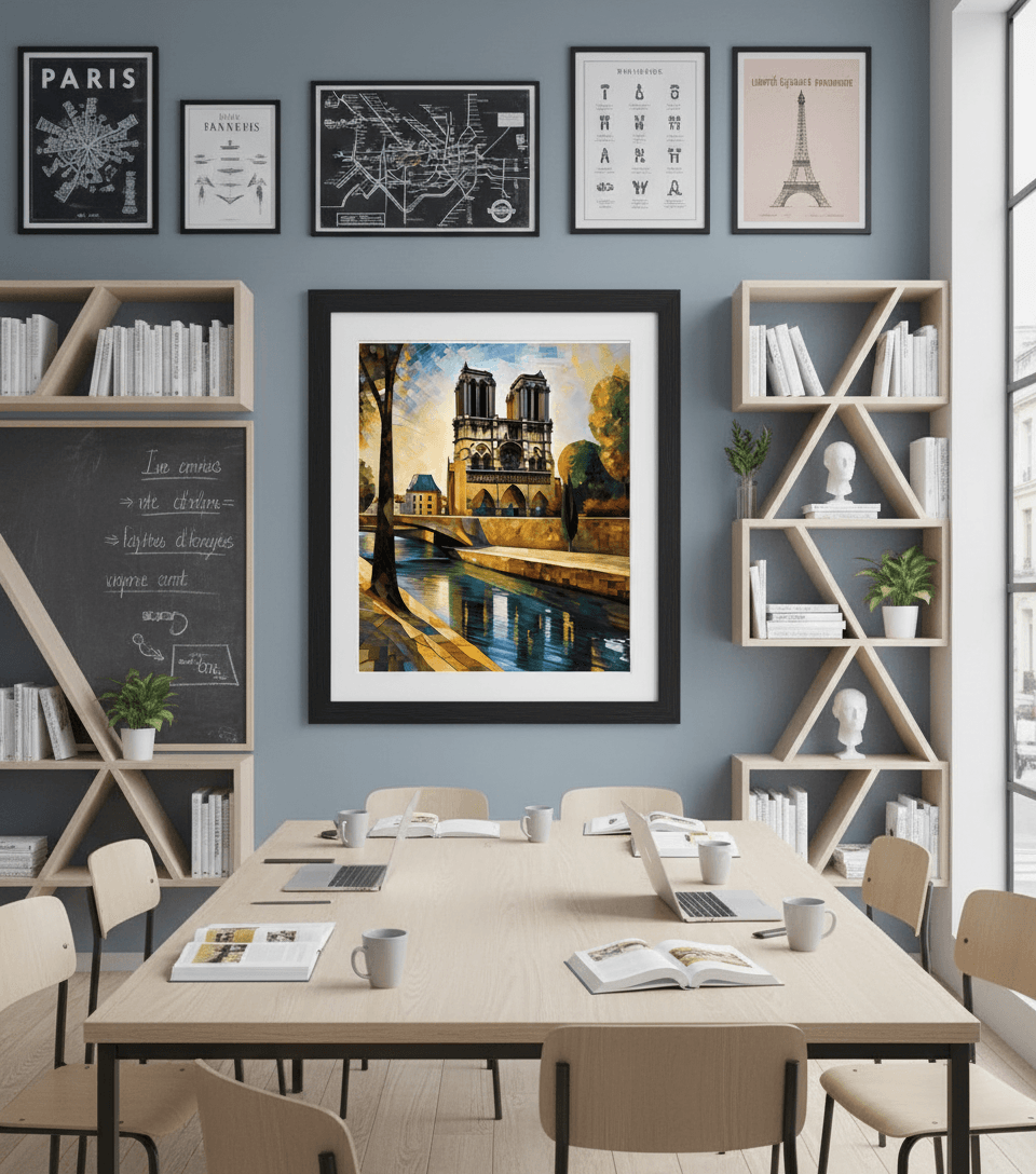Framed Gothic cathedral mosaic wall art centered in meeting room