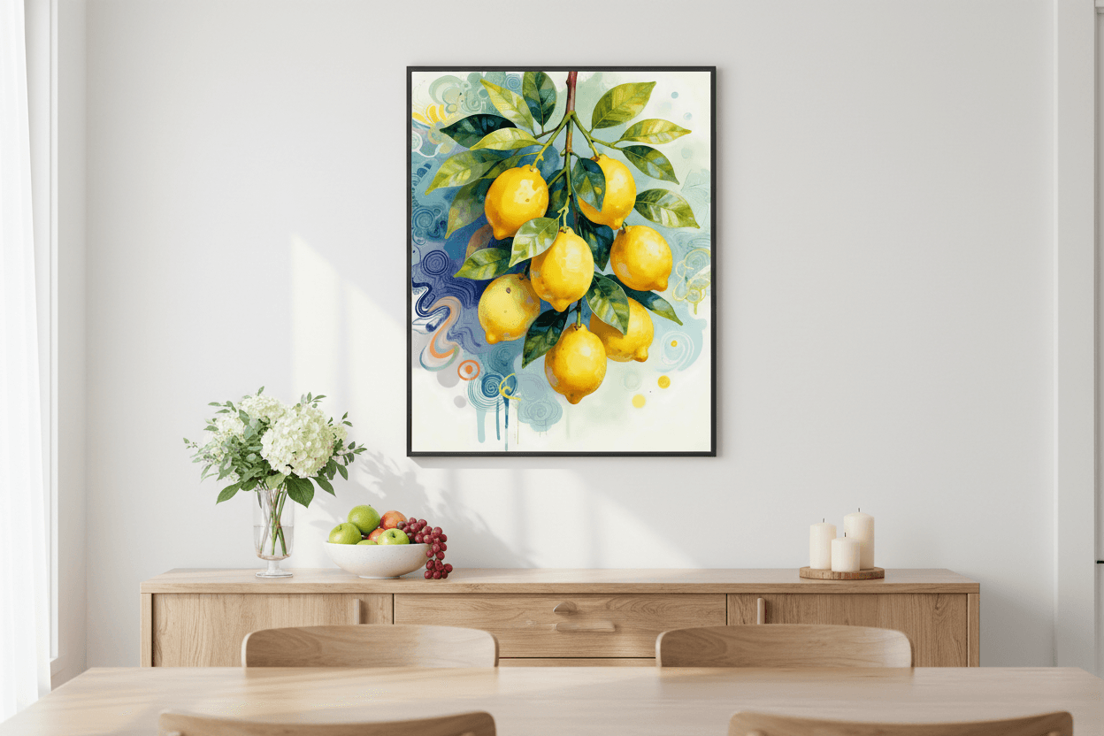Lemon branch wall art featuring yellow lemons and green leaves in a black-framed print