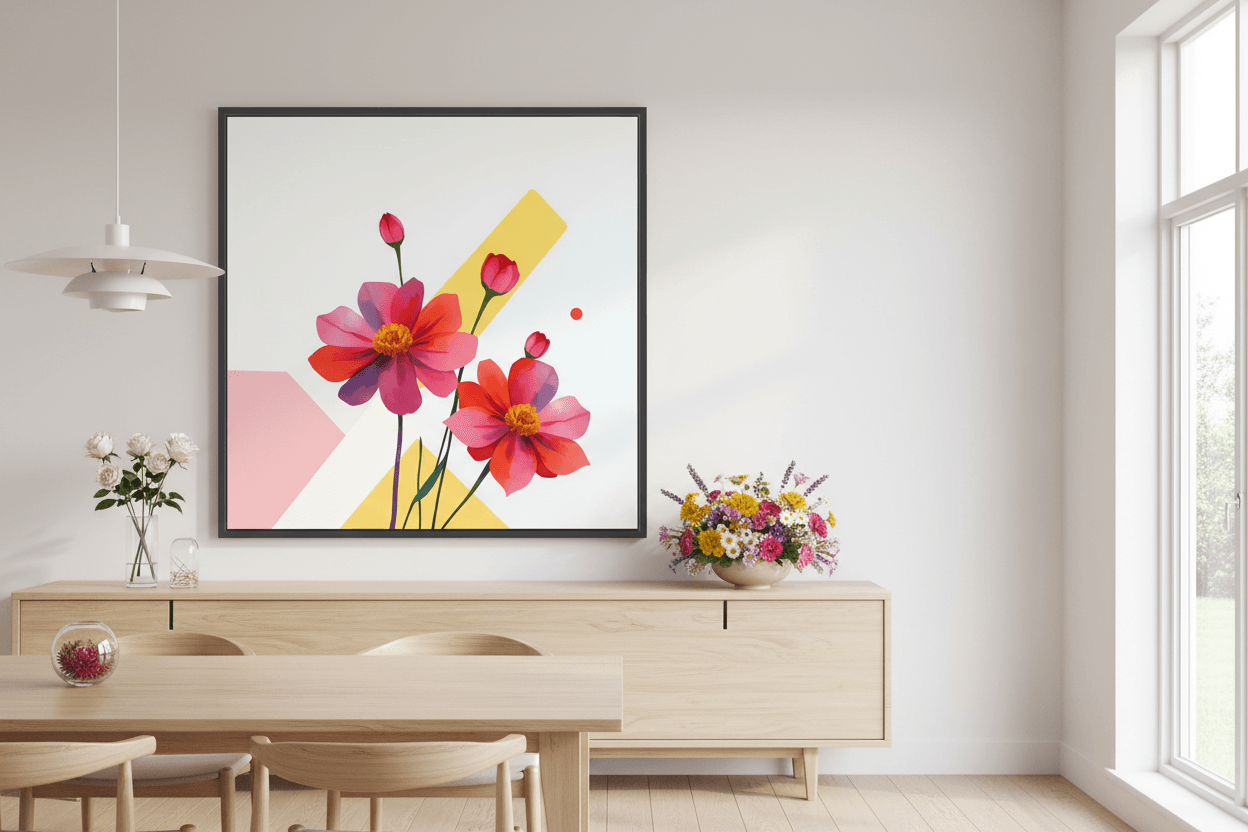 Black-framed floral wall art on a console, pink and red blossoms with yellow geometric accents