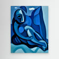 Abstract blue figure painting with a thin light border, reclining with curved shapes.