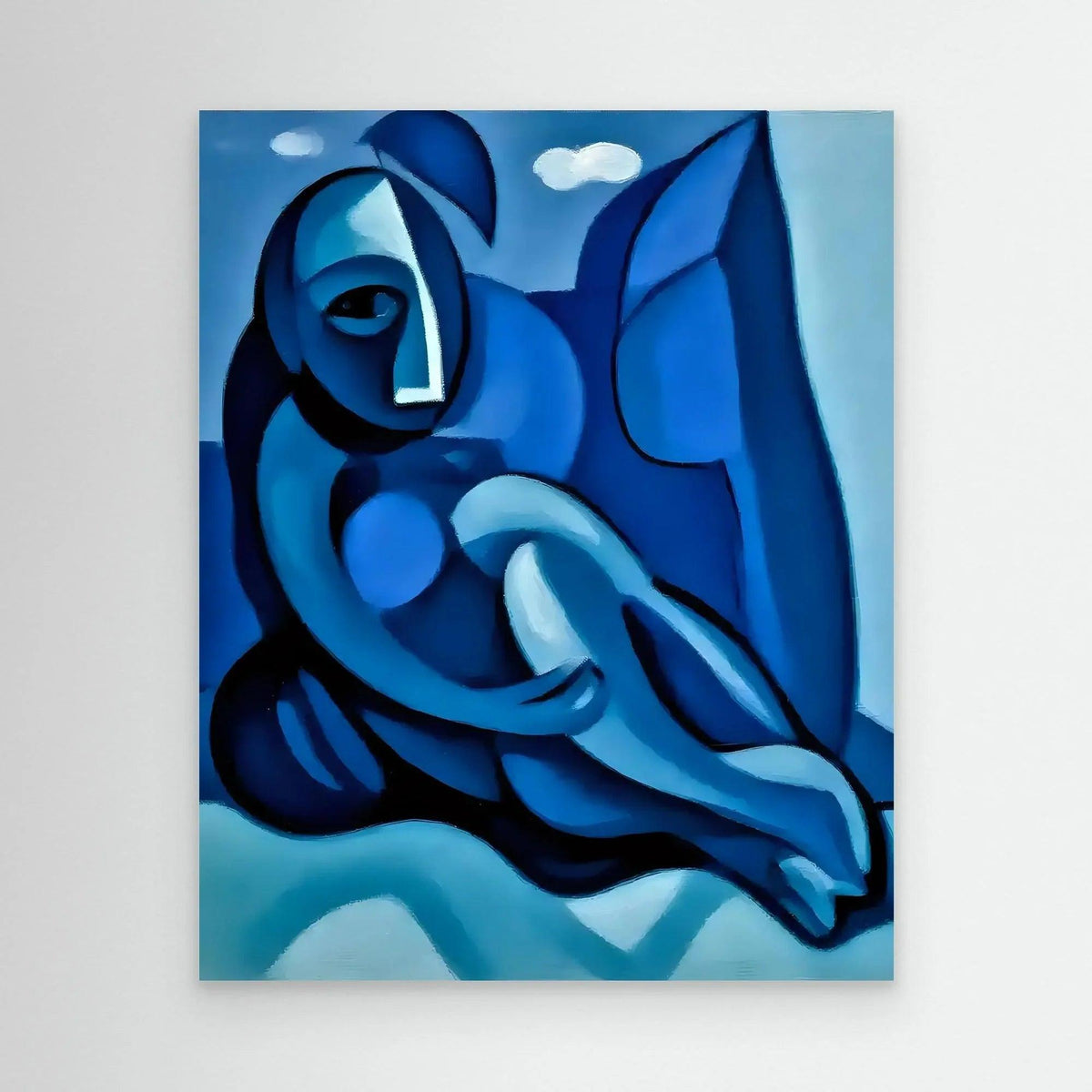 Abstract blue figure painting with a thin light border, reclining with curved shapes.