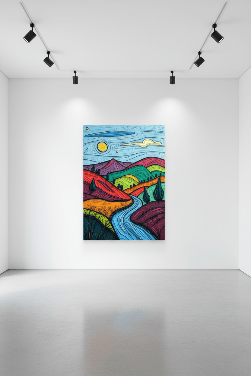 Framed abstract landscape print with winding blue river through colorful hills, black border