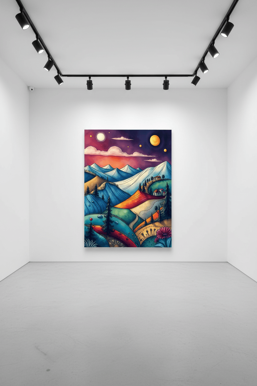 Framed abstract landscape print with blue mountains, sunset sky, and glowing planets