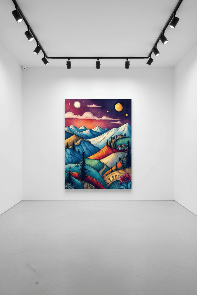 Framed abstract landscape print with blue mountains, sunset sky, and glowing planets