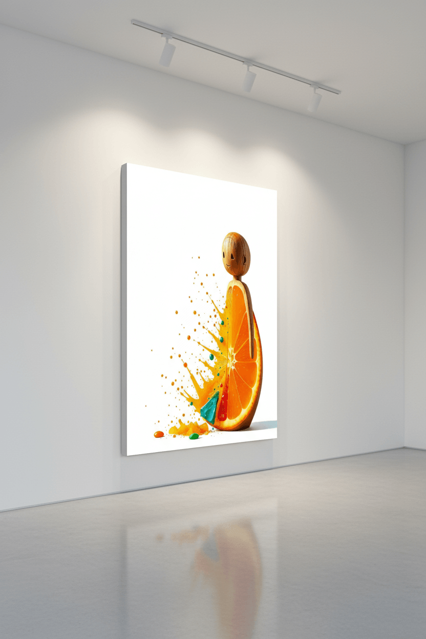 Canvas-style framed artwork with orange slice character and golden splashes